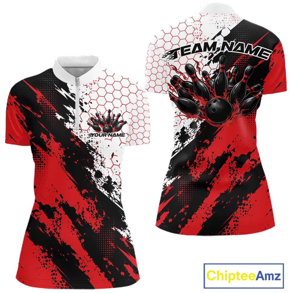 Custom Red Splatter Flame Bowling Women Quarter-Zip Shirt, Bowling Tournament Shirt IPHW12030