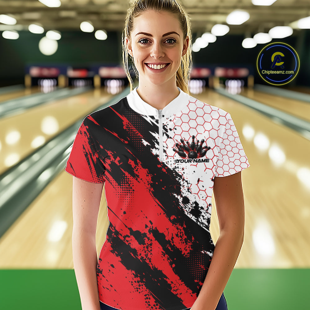 Custom Red Splatter Flame Bowling Women Quarter-Zip Shirt, Bowling Tournament Shirt IPHW12030