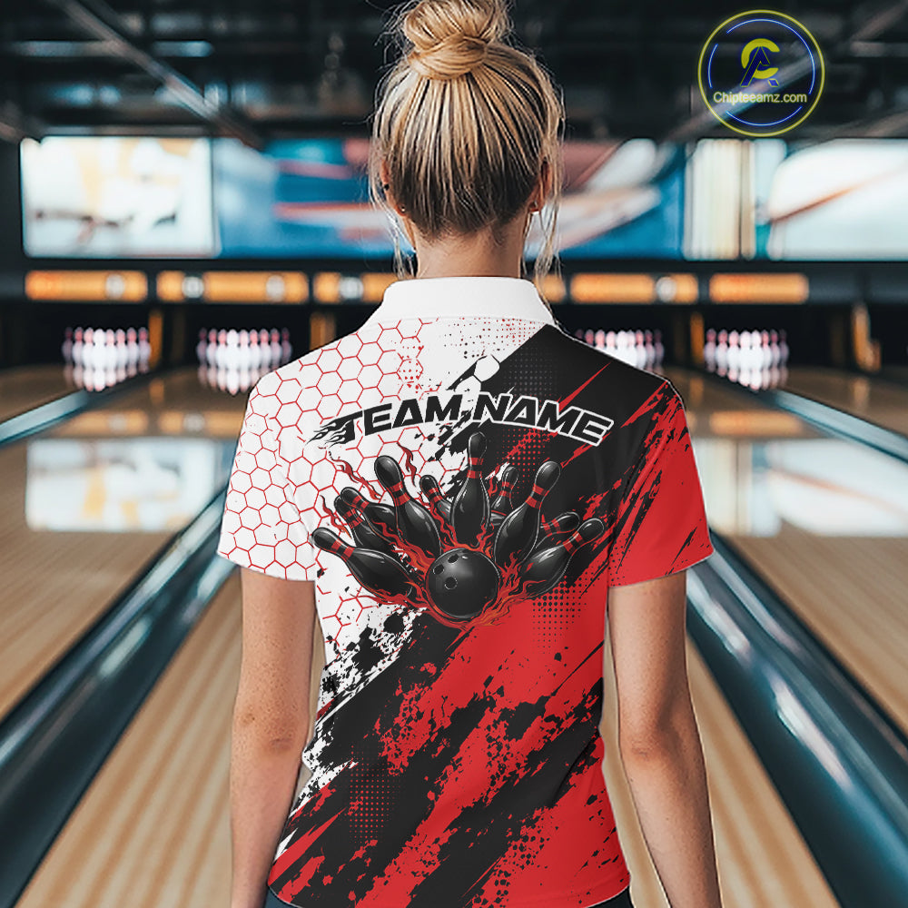 Custom Red Splatter Flame Bowling Women Quarter-Zip Shirt, Bowling Tournament Shirt IPHW12030