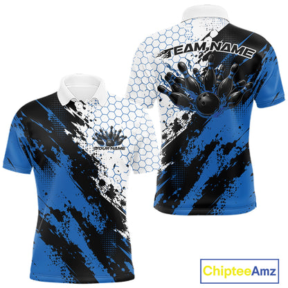 Custom Black And Blue Splatter Flame Bowling Men Polo Shirt, Bowling Tournament Shirt IPHW12031