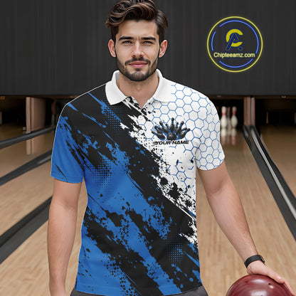 Custom Black And Blue Splatter Flame Bowling Men Polo Shirt, Bowling Tournament Shirt IPHW12031