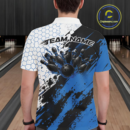 Custom Black And Blue Splatter Flame Bowling Men Polo Shirt, Bowling Tournament Shirt IPHW12031