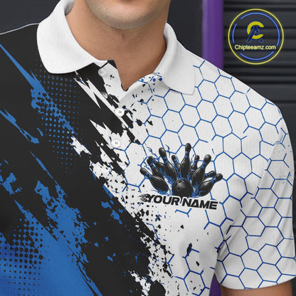 Custom Black And Blue Splatter Flame Bowling Men Polo Shirt, Bowling Tournament Shirt IPHW12031