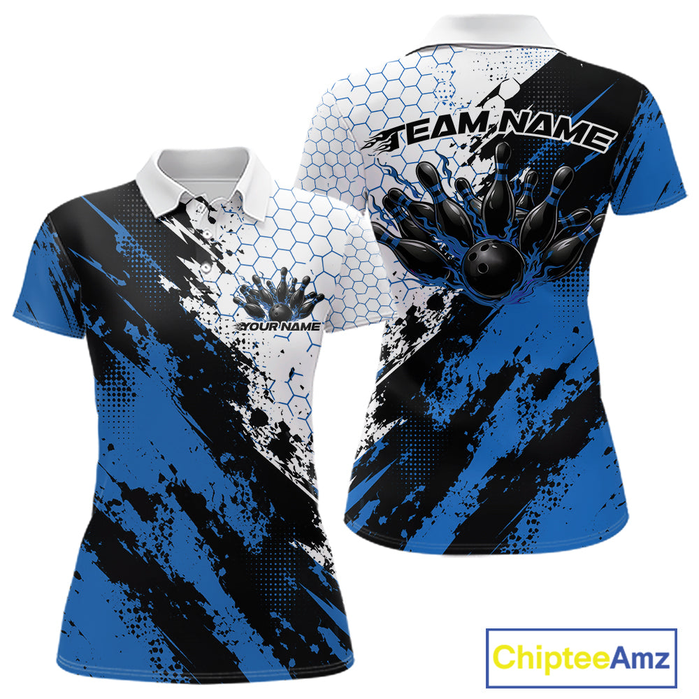 Custom Black And Blue Splatter Flame Bowling Women Polo Shirt, Bowling Tournament Shirt IPHW12031