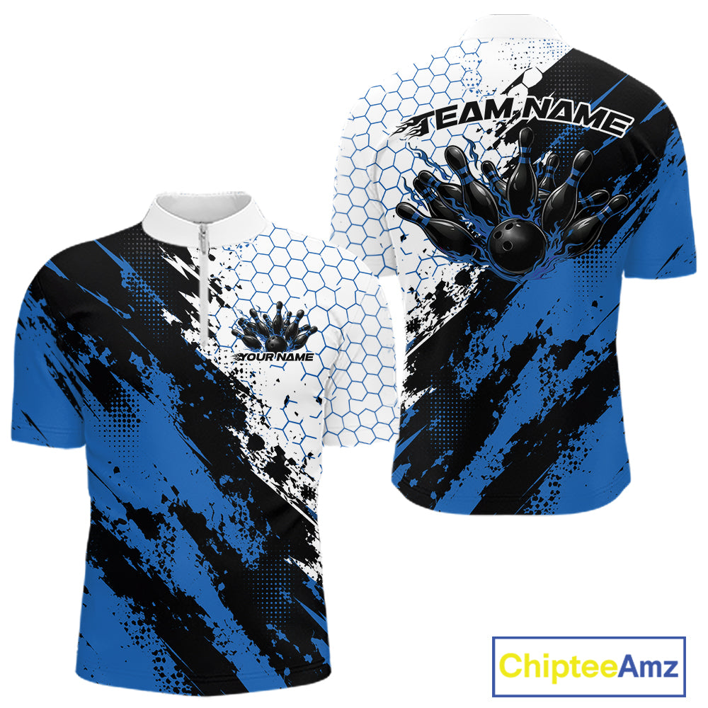 Custom Black And Blue Splatter Flame Bowling Men Quarter Zip Shirt, Bowling Tournament Shirt IPHW12031