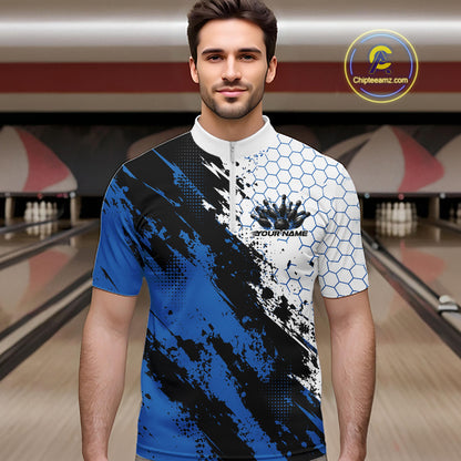 Custom Black And Blue Splatter Flame Bowling Men Quarter Zip Shirt, Bowling Tournament Shirt IPHW12031
