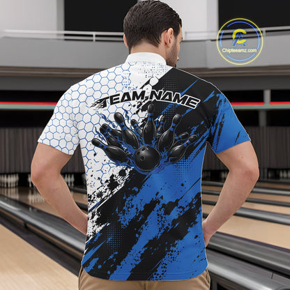 Custom Black And Blue Splatter Flame Bowling Men Quarter Zip Shirt, Bowling Tournament Shirt IPHW12031