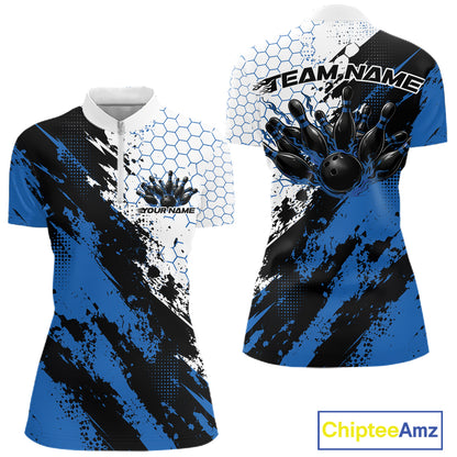 Custom Blue Splatter Flame Bowling Women Quarter-Zip Shirt, Bowling Tournament Shirt IPHW12031