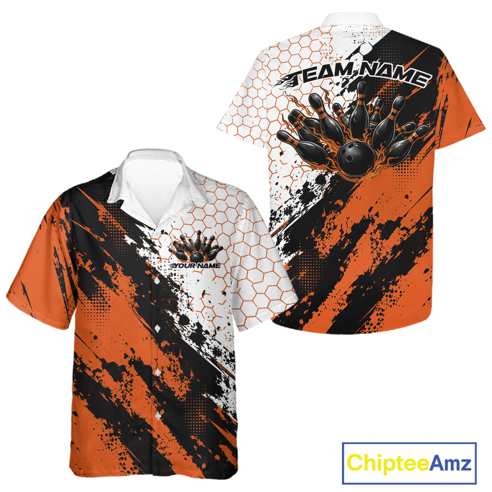 Custom Black And Orange Splatter Flame Bowling Men And Women Button Up Shirt, Bowling Tournament Shirt IPHW12032