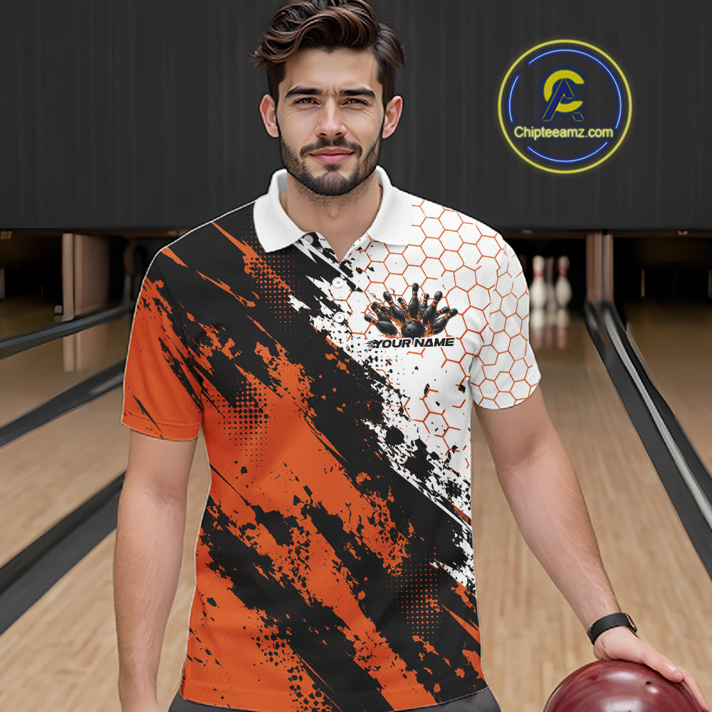 Custom Black And Orange Splatter Flame Bowling Men Polo Shirt, Bowling Tournament Shirt IPHW12032