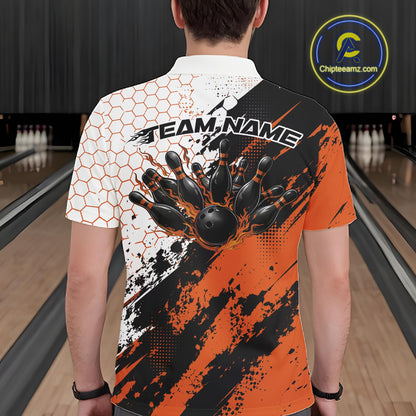 Custom Black And Orange Splatter Flame Bowling Men Polo Shirt, Bowling Tournament Shirt IPHW12032