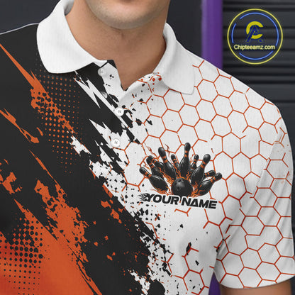 Custom Black And Orange Splatter Flame Bowling Men Polo Shirt, Bowling Tournament Shirt IPHW12032