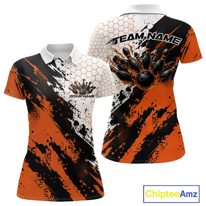 Custom Black And Orange Splatter Flame Bowling Women Polo Shirt, Bowling Tournament Shirt IPHW12032
