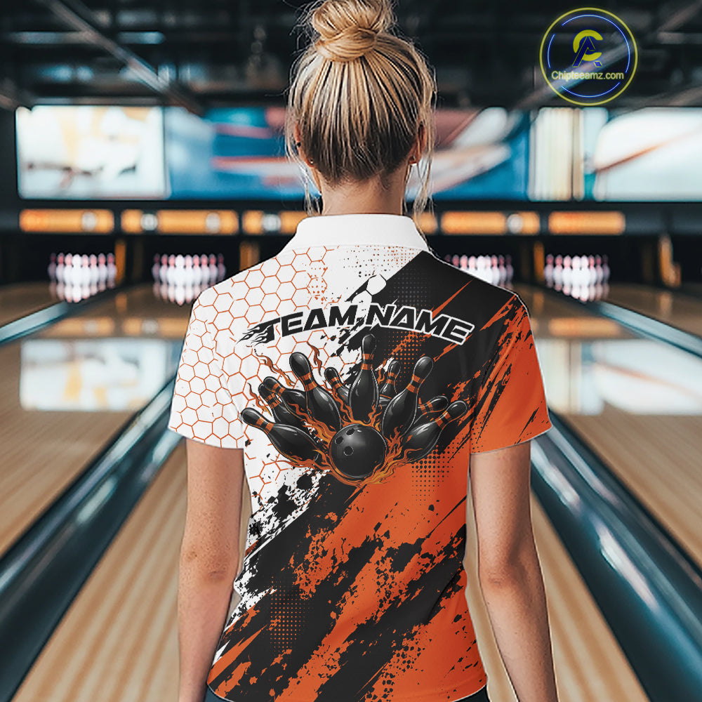 Custom Black And Orange Splatter Flame Bowling Women Polo Shirt, Bowling Tournament Shirt IPHW12032