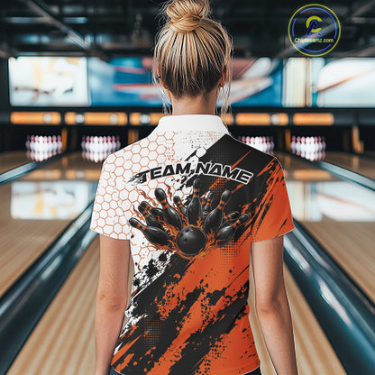 Custom Black And Orange Splatter Flame Bowling Women Polo Shirt, Bowling Tournament Shirt IPHW12032