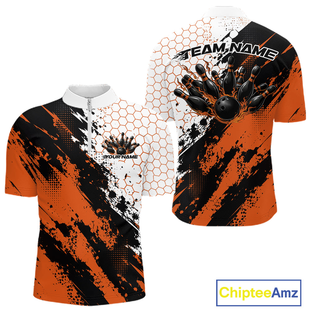 Custom Black And Orange Splatter Flame Bowling Men Quarter Zip Shirt, Bowling Tournament Shirt IPHW12032