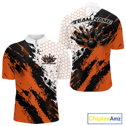 Custom Black And Orange Splatter Flame Bowling Men Quarter Zip Shirt, Bowling Tournament Shirt IPHW12032