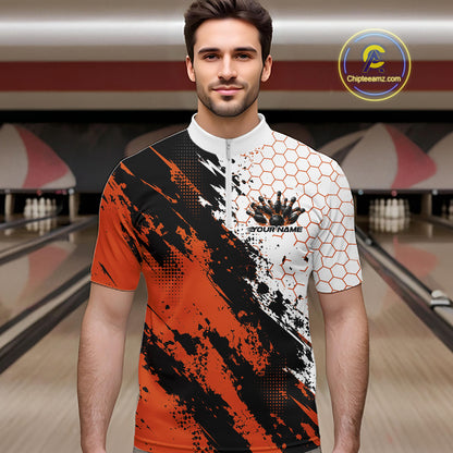 Custom Black And Orange Splatter Flame Bowling Men Quarter Zip Shirt, Bowling Tournament Shirt IPHW12032