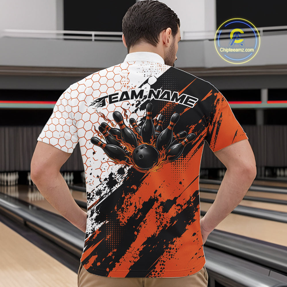 Custom Black And Orange Splatter Flame Bowling Men Quarter Zip Shirt, Bowling Tournament Shirt IPHW12032
