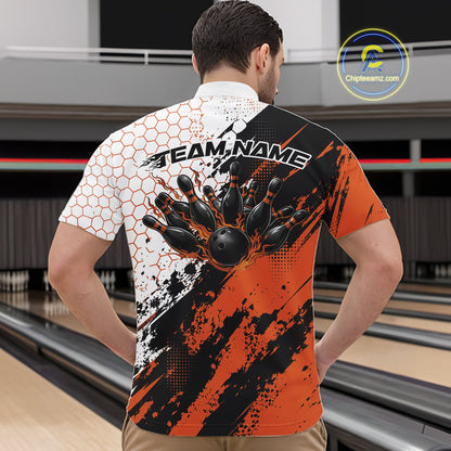 Custom Black And Orange Splatter Flame Bowling Men Quarter Zip Shirt, Bowling Tournament Shirt IPHW12032