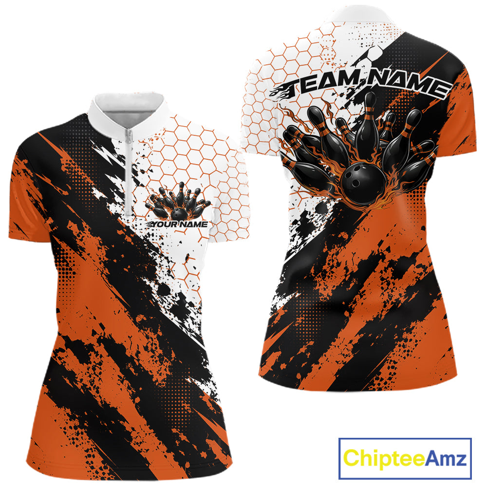Custom Orange Splatter Flame Bowling Women Quarter-Zip Shirt, Bowling Tournament Shirt IPHW12032