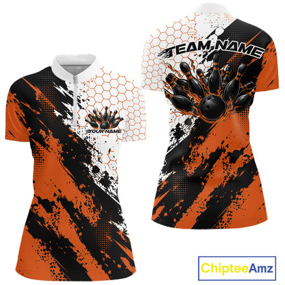 Custom Orange Splatter Flame Bowling Women Quarter-Zip Shirt, Bowling Tournament Shirt IPHW12032