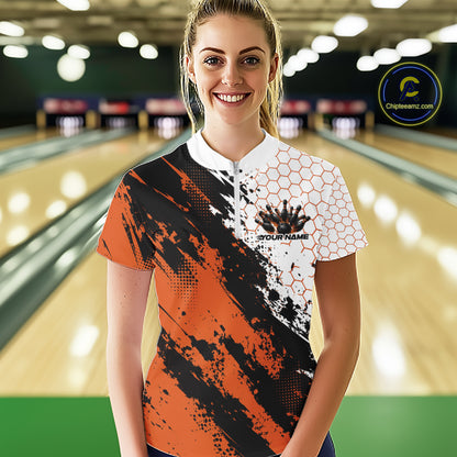 Custom Orange Splatter Flame Bowling Women Quarter-Zip Shirt, Bowling Tournament Shirt IPHW12032