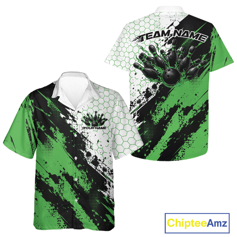 Custom Black And Green Splatter Flame Bowling Men And Women Button Up Shirt, Bowling Tournament Shirt IPHW12033