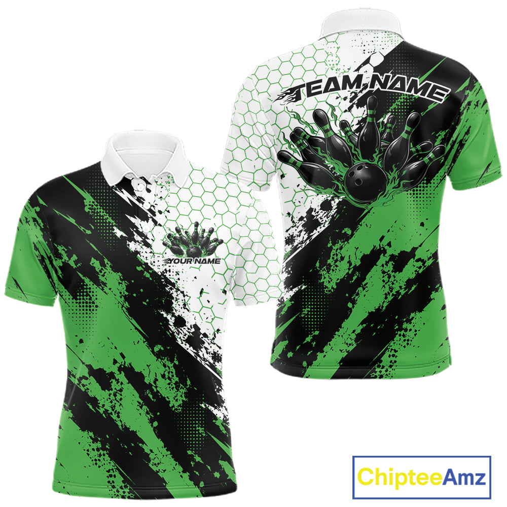 Custom Black And Green Splatter Flame Bowling Men Polo Shirt, Bowling Tournament Shirt IPHW12033
