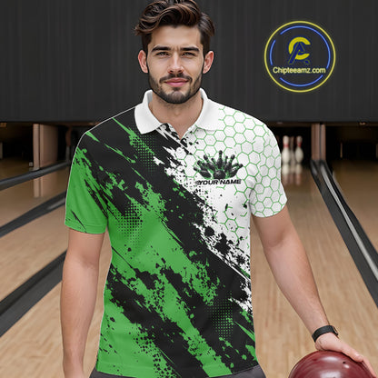 Custom Black And Green Splatter Flame Bowling Men Polo Shirt, Bowling Tournament Shirt IPHW12033