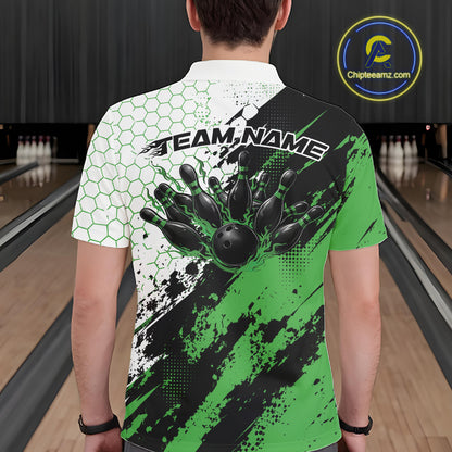 Custom Black And Green Splatter Flame Bowling Men Polo Shirt, Bowling Tournament Shirt IPHW12033