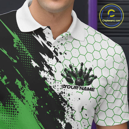 Custom Black And Green Splatter Flame Bowling Men Polo Shirt, Bowling Tournament Shirt IPHW12033