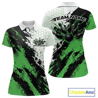 Custom Black And Green Splatter Flame Bowling Women Polo Shirt, Bowling Tournament Shirt IPHW12033