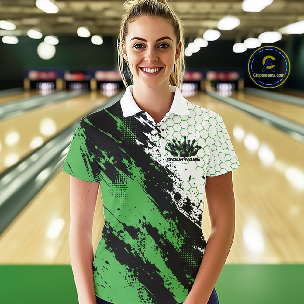 Custom Black And Green Splatter Flame Bowling Women Polo Shirt, Bowling Tournament Shirt IPHW12033