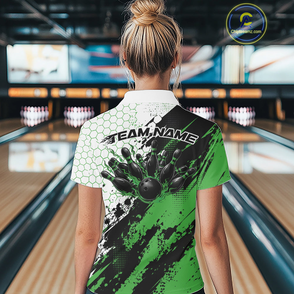 Custom Black And Green Splatter Flame Bowling Women Polo Shirt, Bowling Tournament Shirt IPHW12033