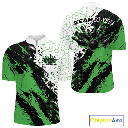 Custom Black And Green Splatter Flame Bowling Men Quarter Zip Shirt, Bowling Tournament Shirt IPHW12033