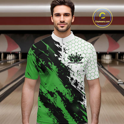 Custom Black And Green Splatter Flame Bowling Men Quarter Zip Shirt, Bowling Tournament Shirt IPHW12033