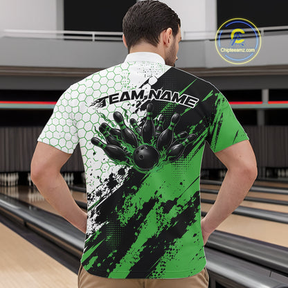 Custom Black And Green Splatter Flame Bowling Men Quarter Zip Shirt, Bowling Tournament Shirt IPHW12033