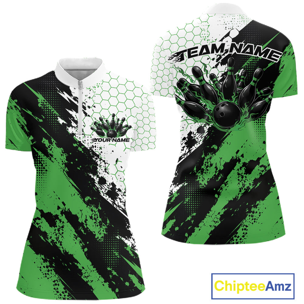 Custom Green Splatter Flame Bowling Women Quarter-Zip Shirt, Bowling Tournament Shirt IPHW12033