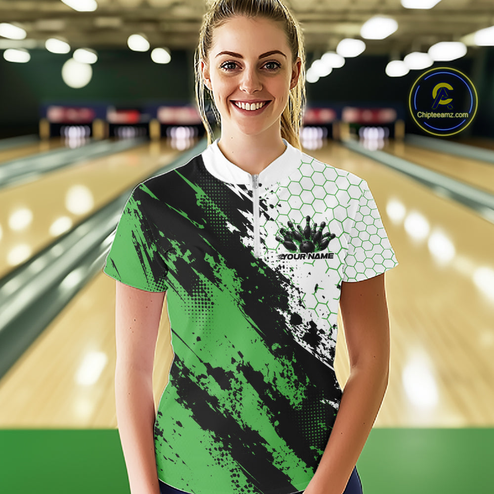Custom Green Splatter Flame Bowling Women Quarter-Zip Shirt, Bowling Tournament Shirt IPHW12033