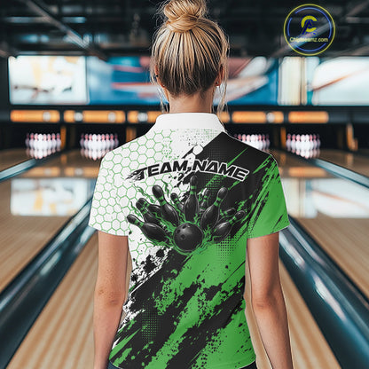 Custom Green Splatter Flame Bowling Women Quarter-Zip Shirt, Bowling Tournament Shirt IPHW12033
