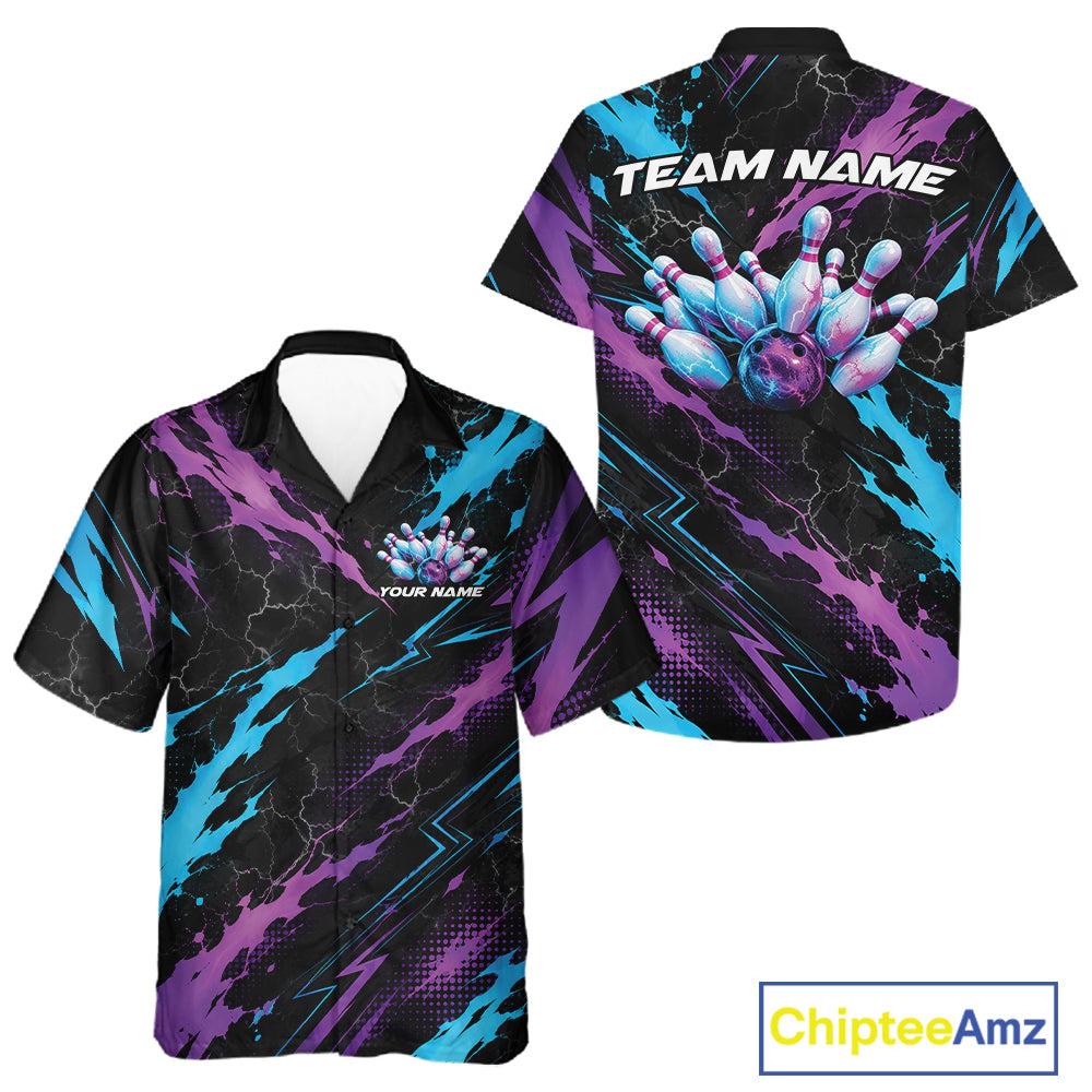 Custom Blue And Purple Lightning Bowling Men And Women Button Up Shirt, Bowling Team League Shirt IPHW12038