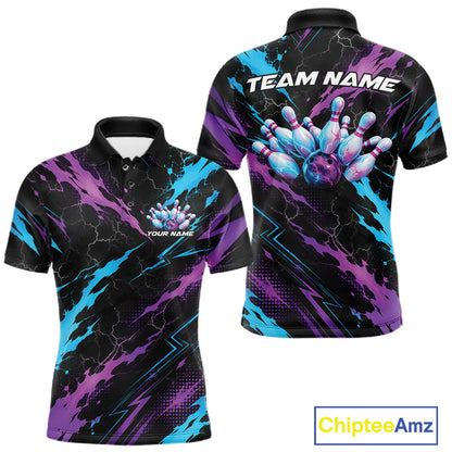 Custom Blue And Purple Lightning Bowling Men Polo Shirt, Bowling Team League Shirt IPHW12038