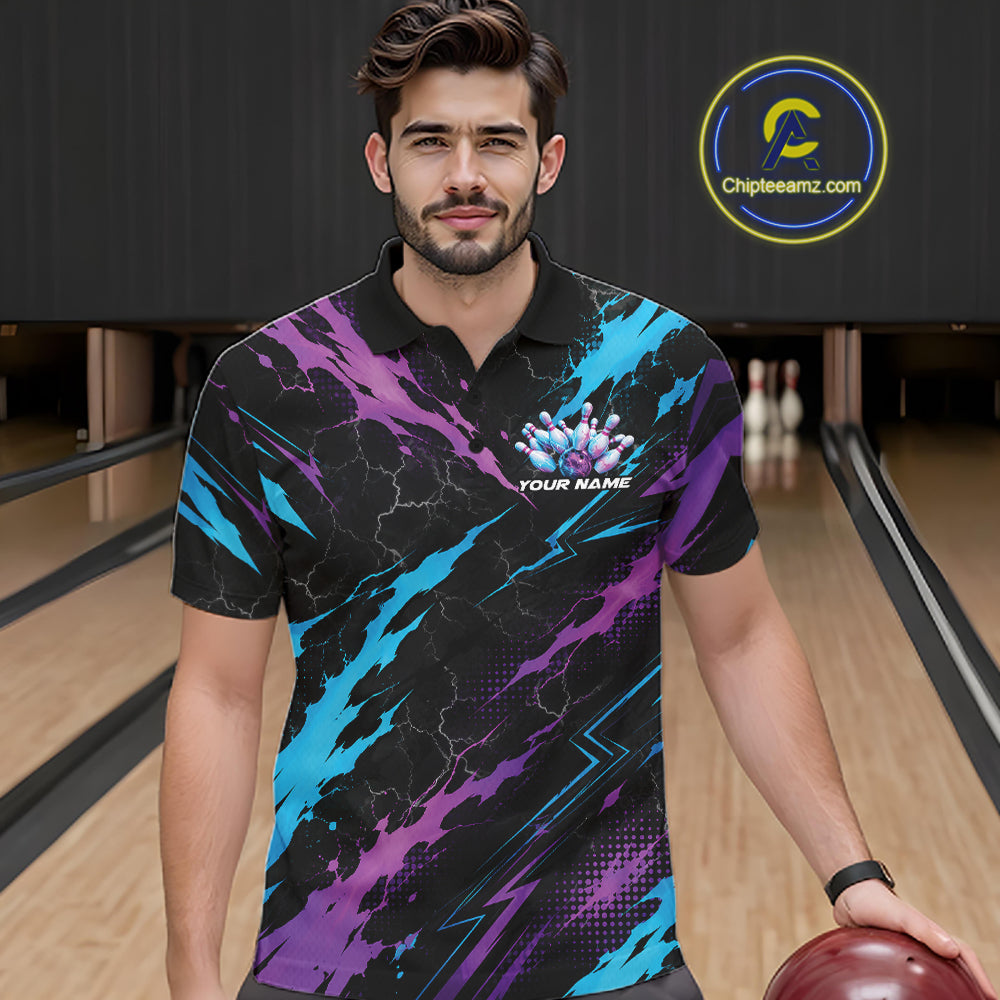 Custom Blue And Purple Lightning Bowling Men Polo Shirt, Bowling Team League Shirt IPHW12038