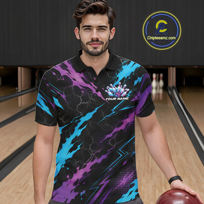 Custom Blue And Purple Lightning Bowling Men Polo Shirt, Bowling Team League Shirt IPHW12038