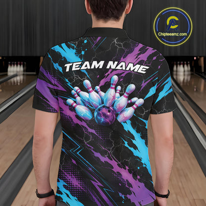 Custom Blue And Purple Lightning Bowling Men Polo Shirt, Bowling Team League Shirt IPHW12038