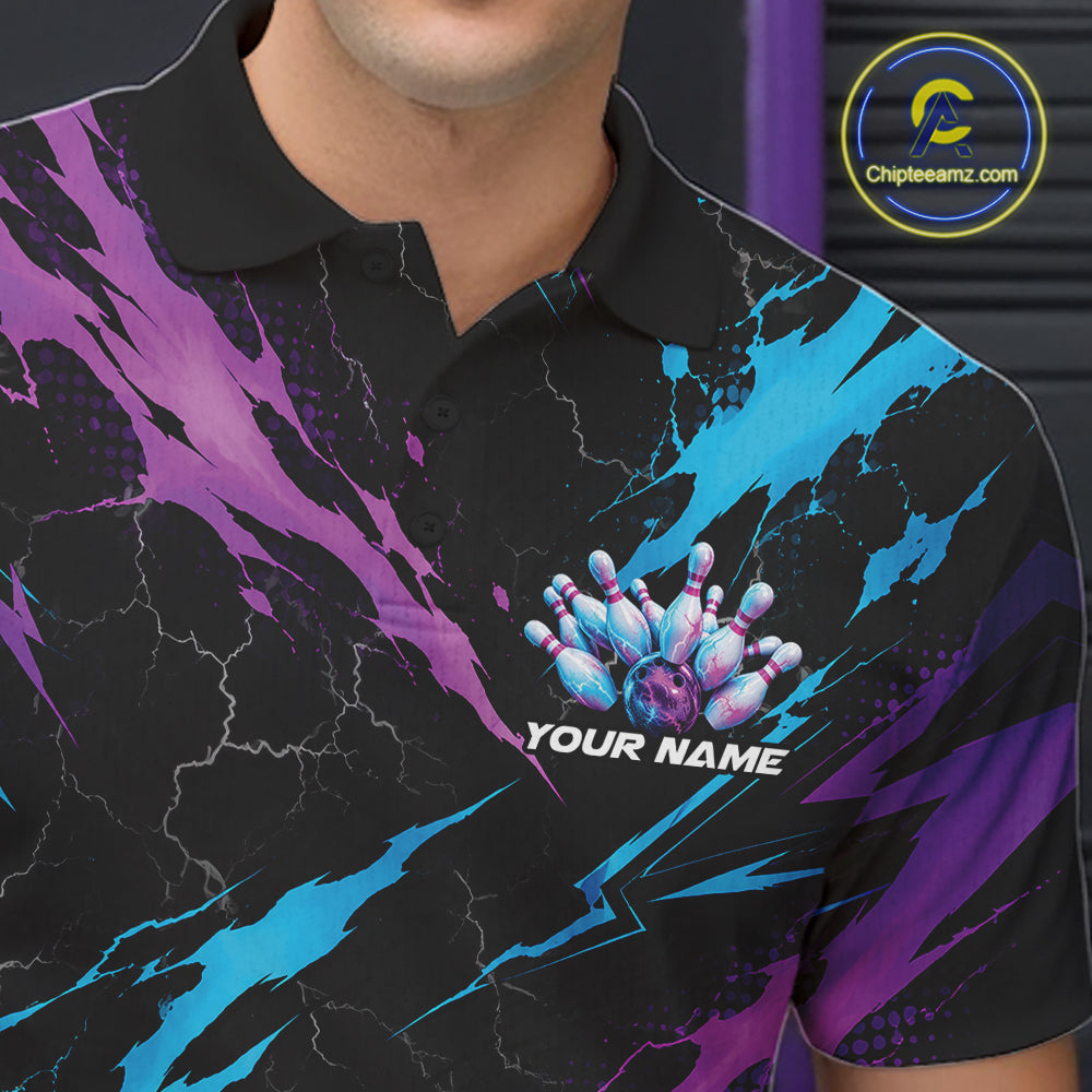 Custom Blue And Purple Lightning Bowling Men Polo Shirt, Bowling Team League Shirt IPHW12038