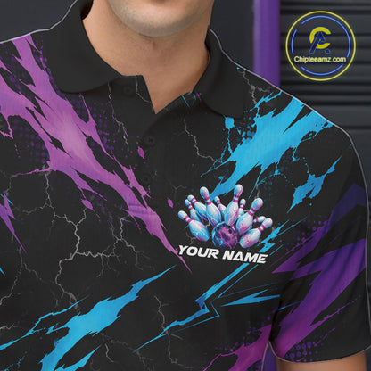 Custom Blue And Purple Lightning Bowling Men Polo Shirt, Bowling Team League Shirt IPHW12038