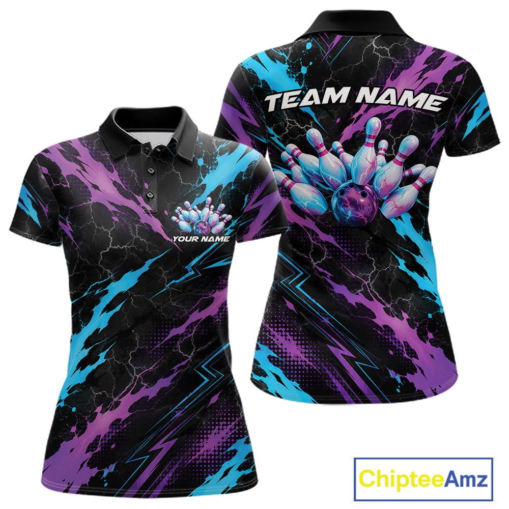 Custom Blue And Purple Lightning Bowling Women Polo Shirt, Bowling Team League Shirt IPHW12038