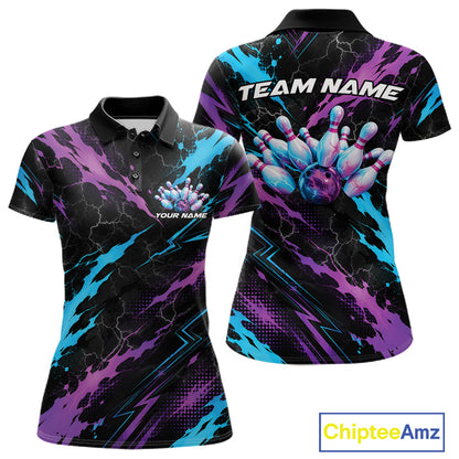 Custom Blue And Purple Lightning Bowling Women Polo Shirt, Bowling Team League Shirt IPHW12038